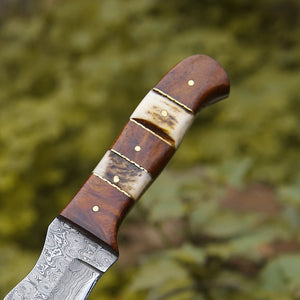 Mangler Damascus Hunting Knife with Rose Wood & Stag Horn Handle