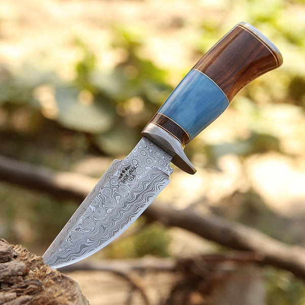 Hellfire Damascus Hunting Knife with Leather Sheath