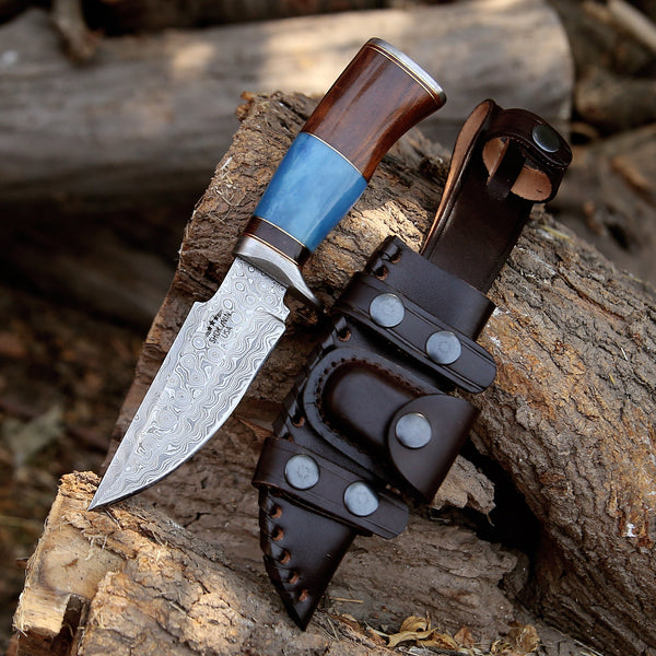 Hellfire Damascus Hunting Knife with Leather Sheath