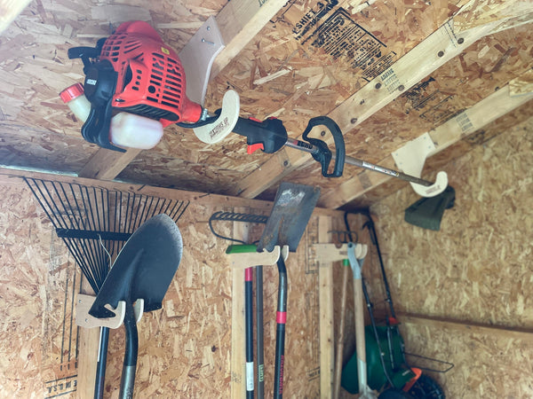 Ceiling Weed Wacker Organizer, hangs from ceiling rafters in shed, easy to install, fits all weed wackers - TRAPSKI, LLC