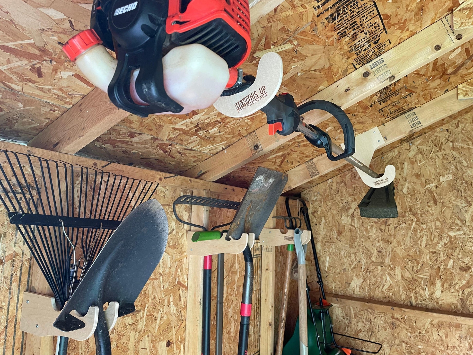 Ceiling Weed Wacker Organizer, hangs from ceiling rafters in shed, easy to install, fits all weed wackers - TRAPSKI, LLC