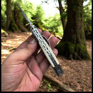 Damascus Folding Knife with Camel Bone Handle | Hand-Engraved People’s Flag | EDC Knife with Gift Box