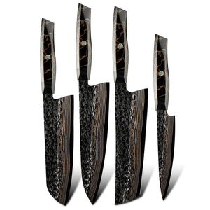 Starfall Japanese Chef Knife Set with Exotic Copper Damascus and Raffir Noble Handle