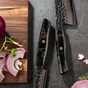 Starfall Japanese Chef Knife Set with Exotic Copper Damascus and Raffir Noble Handle