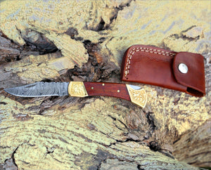 Custom Hand Forged Damascus Folding Knife Engraved Bolster With Rose Wood Handle WH 1559