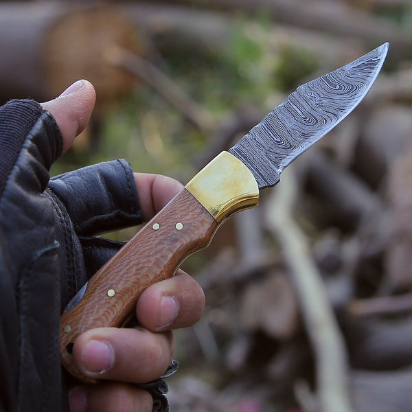 Kepler Damascus Pocket Knife with Exotic Leopard Wood Handle