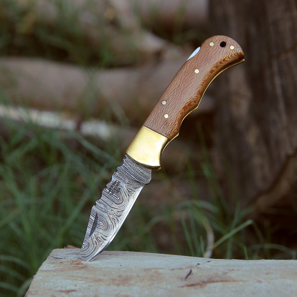 Kepler Damascus Pocket Knife with Exotic Leopard Wood Handle