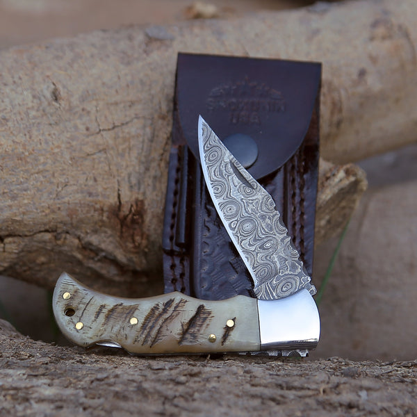 Ram Damascus Pocket Knife with Exotic Ram Horn Handle & Leather Sheath