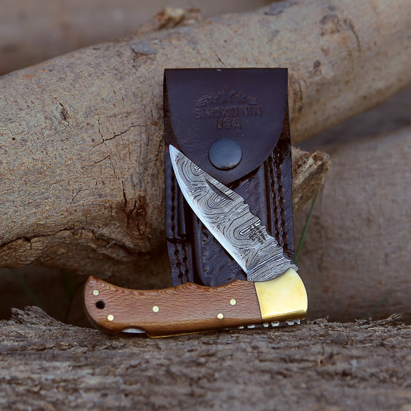 Kepler Damascus Pocket Knife with Exotic Leopard Wood Handle