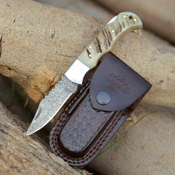 Ram Damascus Pocket Knife with Exotic Ram Horn Handle & Leather Sheath