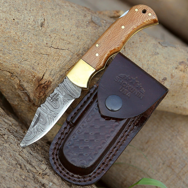 Kepler Damascus Pocket Knife with Exotic Leopard Wood Handle