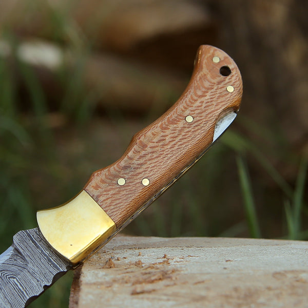 Kepler Damascus Pocket Knife with Exotic Leopard Wood Handle