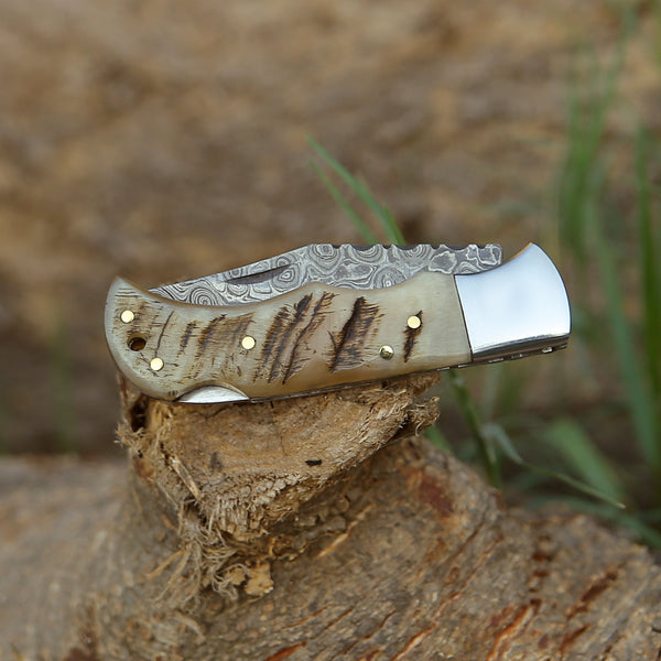 Ram Damascus Pocket Knife with Exotic Ram Horn Handle & Leather Sheath