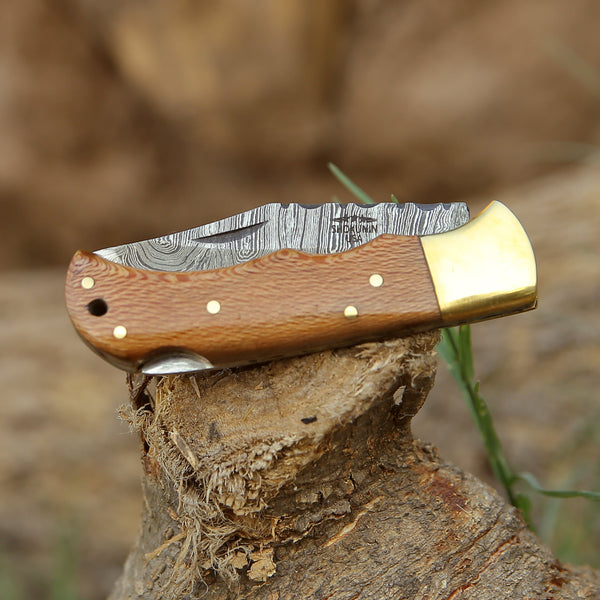 Kepler Damascus Pocket Knife with Exotic Leopard Wood Handle