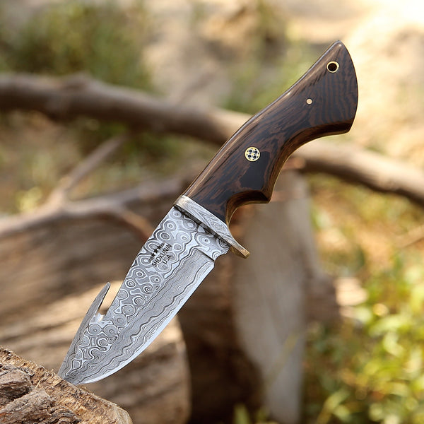 Captain Damascus Hunting Knife with Gut Hook & Exotic Wenge Wood Handle