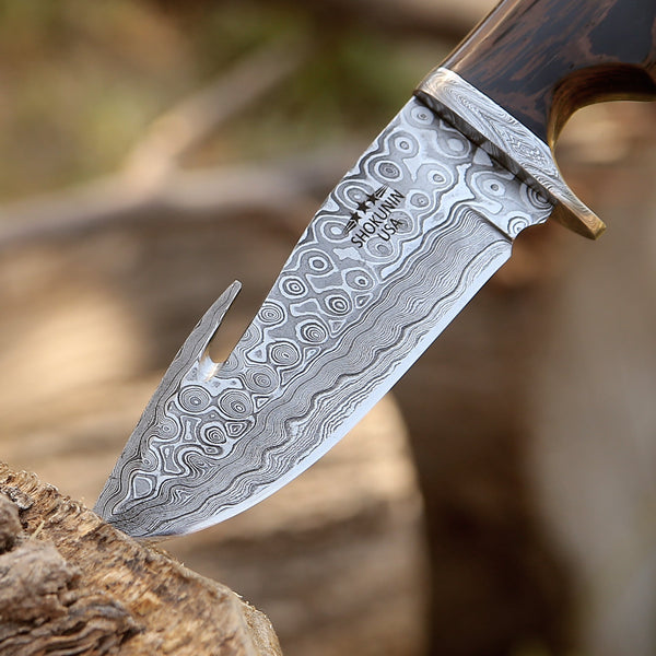 Captain Damascus Hunting Knife with Gut Hook & Exotic Wenge Wood Handle