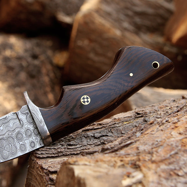 Captain Damascus Hunting Knife with Gut Hook & Exotic Wenge Wood Handle