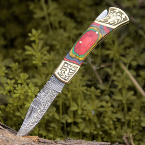 Expedition Damascus Folding Pocket Knife with Pakka Wood Handle