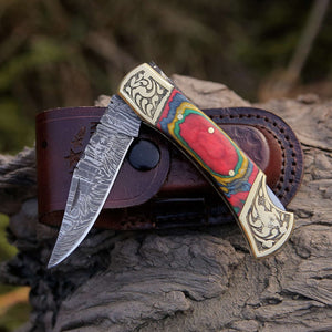Expedition Damascus Folding Pocket Knife with Pakka Wood Handle