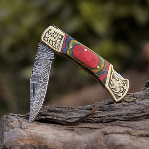 Expedition Damascus Folding Pocket Knife with Pakka Wood Handle
