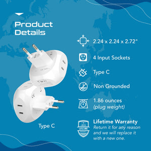 European Travel Plug Adapter - 4 in 1 - Ultra Compact - Light Weight (PT-9C) - TRAPSKI