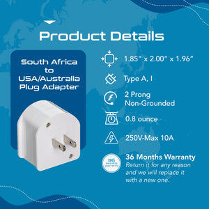 South Africa to USA/Australia - Type A, I - Travel Plug Adapter - Non-Grounded (SA-US-AU) - TRAPSKI