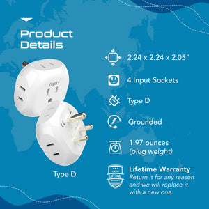 India, Pakistan Travel Plug Adapter - 4 in 1 - Ultra Compact - Light Weight (PT-10) - TRAPSKI