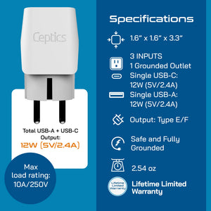 Europe Travel Adapter Plug Combo - Type C, E/F | USB-A + USB-C – European Combo (CTU-9-9C)