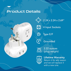 European Schuko Travel Plug Adapter - 4 in 1 - Ultra Compact - Light Weight - 2 Pack (PT-9-2PK)