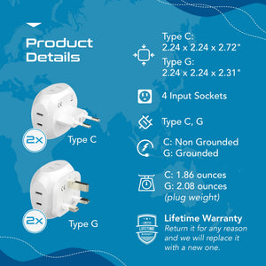 Europe Travel Adapter Set- 4 in 1 - Ultra Compact - Light Weight (PT-9C-7-4PK) - TRAPSKI