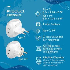 European Travel Adapter Set- 4 in 1 - Ultra Compact - Light Weight (PT-9-9C-4PK) - TRAPSKI