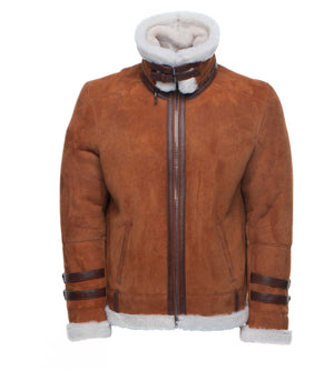 Hagans Tan Aviator Bomber Suede Shearling Jacket