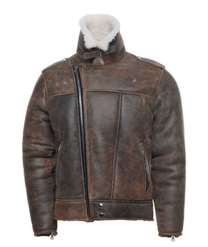 Carters Distressed Biker Bomber Shearling Jacket with Notch Lapels