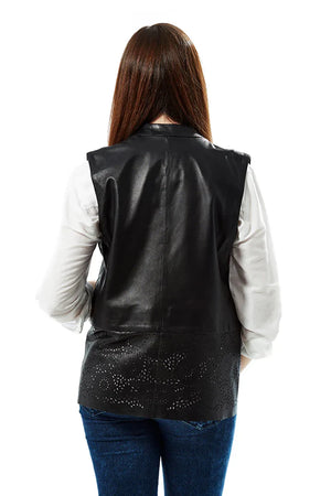 Tawana Black Front Open Leather Vest Jacket for Women