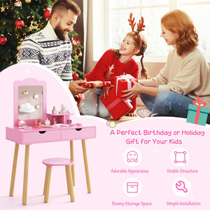 Kid Vanity Table Chair Set with Mirror and 2 Large Storage Drawers