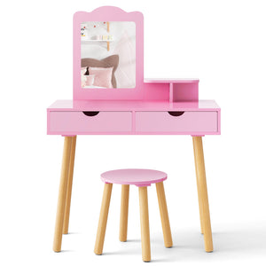Kid Vanity Table Chair Set with Mirror and 2 Large Storage Drawers