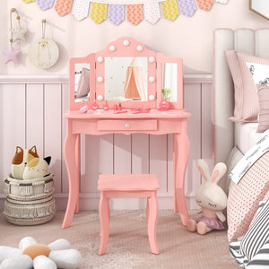 Kid Vanity Table Stool Set with Tri-Folding Mirror and 3-Color LED Lights