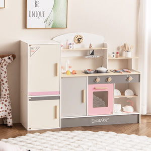 Kids Play Kitchen Set with Realistic Range Hood and Refrigerator