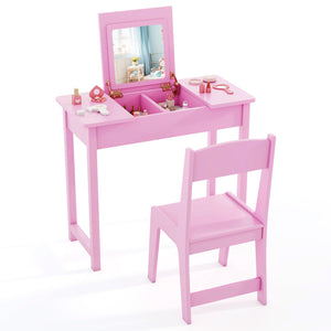 2-in-1 Kids Vanity Makeup Table and Chair Set with Flip Top Mirror