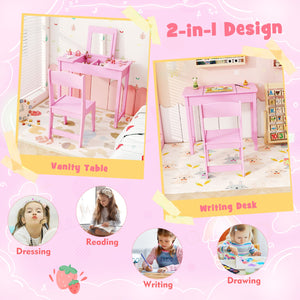 2-in-1 Kids Vanity Makeup Table and Chair Set with Flip Top Mirror