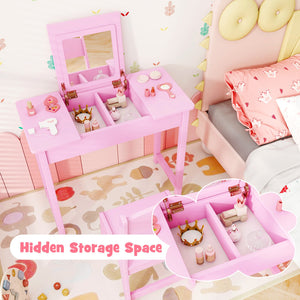 2-in-1 Kids Vanity Makeup Table and Chair Set with Flip Top Mirror
