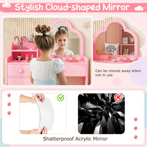 Kids Vanity Table and Chair Set with Cloud-shaped Mirror and Open Shelf