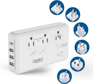 200W/2000W Step Down Converter – 2x 200W, 1x 2000W outlets & 3x USB-A + 1x USB-C – AC 220-240V to 110V-120V Travel Voltage Converter - (LX-C2000)