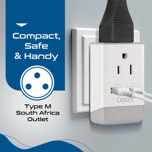South Africa Travel Adapter | Type M - USB-A & USB-C Ports + 2 USA Outlet (AP-10L) - TRAPSKI