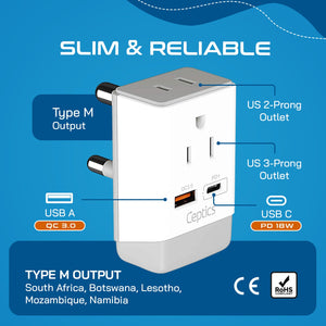 South Africa Travel Adapter | Type M - USB-A & USB-C Ports + 2 USA Outlet (AP-10L) - TRAPSKI