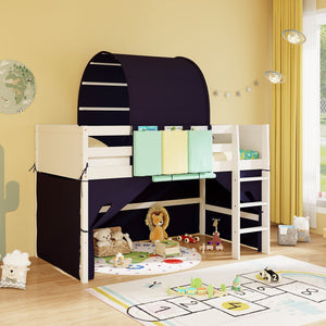 Twin Size Loft Bed Playhouse Bed Frame with Tower Tent and 3 Storage Pockets
