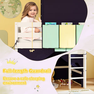 Twin Size Loft Bed Playhouse Bed Frame with Tower Tent and 3 Storage Pockets