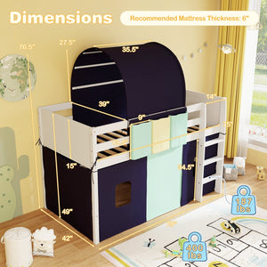 Twin Size Loft Bed Playhouse Bed Frame with Tower Tent and 3 Storage Pockets