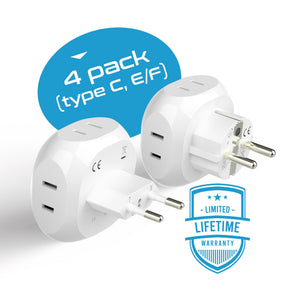 European Travel Adapter Set- 4 in 1 - Ultra Compact - Light Weight (PT-9-9C-4PK) - TRAPSKI