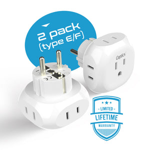 European Schuko Travel Plug Adapter - 4 in 1 - Ultra Compact - Light Weight - 2 Pack (PT-9-2PK)